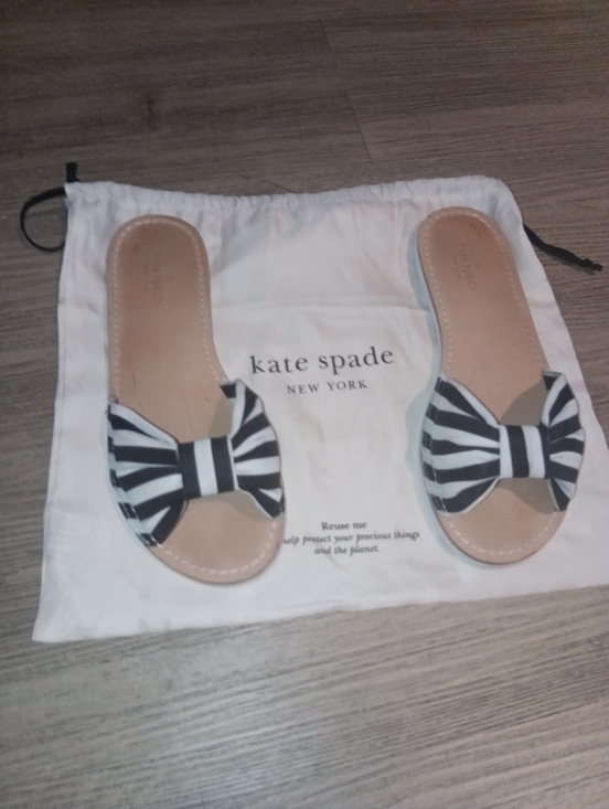 kate spade Shoes - Kate Spade Nautical Stripe Bow Flat Sandals Black Ivory 7.5M